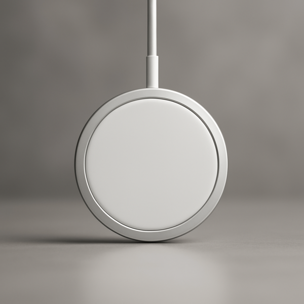 Apple MagSafe Charger snapped onto iPhone 15 Pro with magnetic alignment.