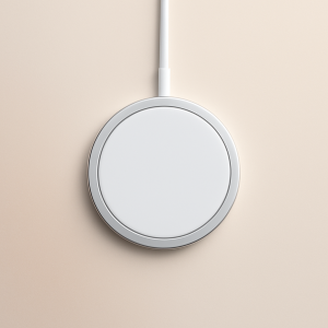 15W MagSafe Wireless Charger magnetically attached to iPhone 15 Pro on desk