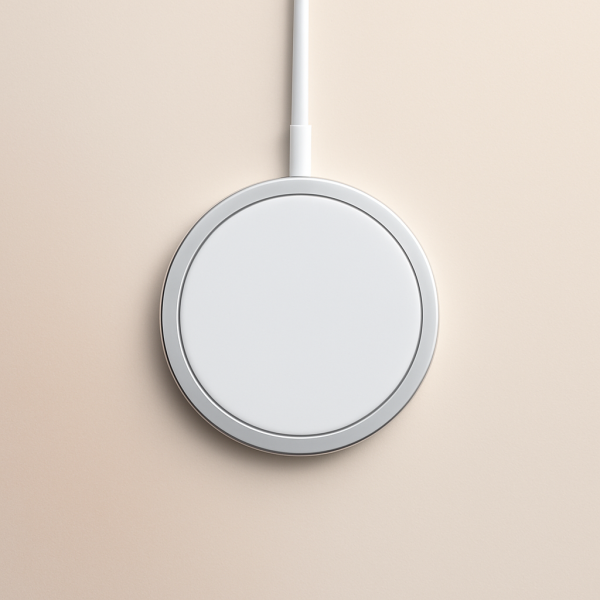 15W MagSafe Wireless Charger magnetically attached to iPhone 15 Pro on desk