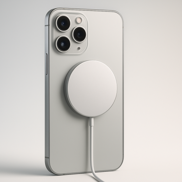 15W MagSafe Wireless Charger magnetically attached to iPhone 15 Pro on desk